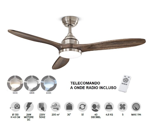 Immagine di Ventilatore Soffitto Cromo Pale Legno Noce 130 cm Luce Led CCT Con Telecomando Triade Perenz