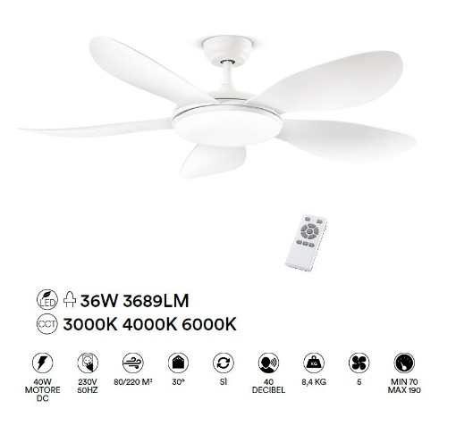 Immagine di Lampadario Con Ventilatore A Pale Bianco 5 Velocità Luce Led Telecomando 130 cm Smarti Perenz