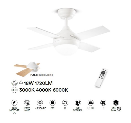 Immagine di Ventilatore A Soffitto Pale Bicolore Reversibili 80 cm Con Luce Led Telecomando Crux Perenz 7163