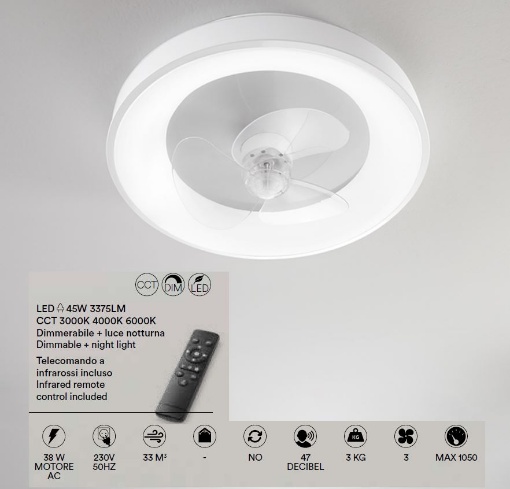 Picture of Ventilatore Soffitto Bianco Elica Design Moderno Luce Led Con Telecomando Fly Perenz 7178