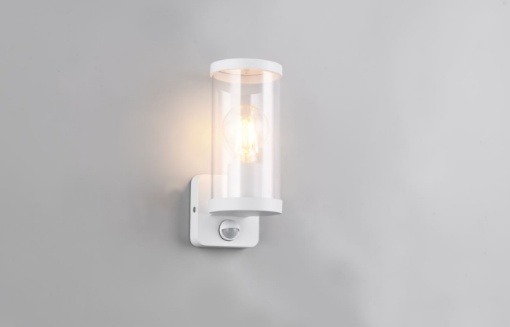 Immagine di Applique Bianco Diffusore Cilindro Trasparente con Sensore Movimento Bonito IP44 Trio Lighting 