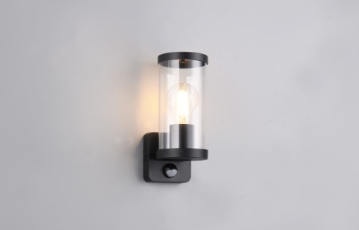 Immagine di Lampada Nera da Parete e Diffusore Cilindrico Trasparente con Sensore Movimento Bonito IP44 Trio Lighting