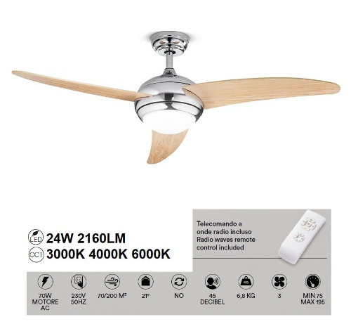 Immagine di Ventilatore A Soffitto Cromo Pale Legno Noce 130cm Con Luce Led Telecomando Incluso Ship Perenz