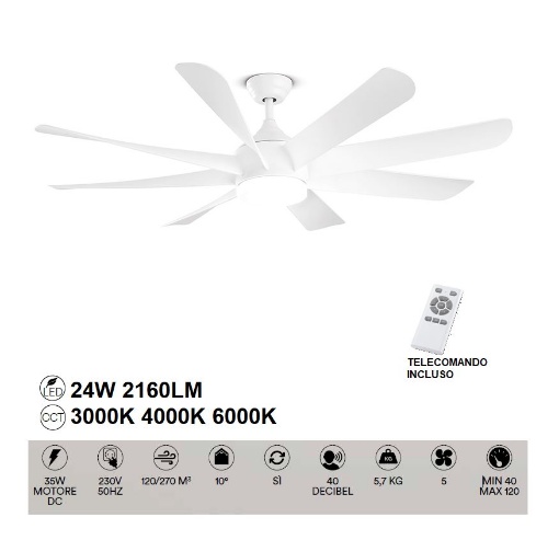 Immagine di Ventilatore Da Soffitto Bianco 150 cm 8 Pale Funzione Inversa Con Luce Led Helix Perenz