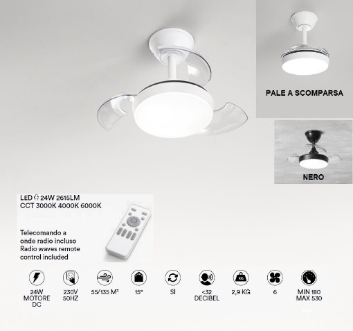 Immagine di Piccolo Ventilatore Da Soffitto Con Pale A Scomparsa Silenzioso Luce Led Regolabile Mini Open Perenz 7169