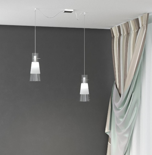 Immagine di Lampadario Decentrato Per Cucina Due Luci Spostabili Coni Vetro Bianco Trasparente Top Light Cone