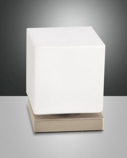 Immagine di Lumetto Cubo Base Oro e Paralume Vetro Bianco Led Dimmer Brenta Fabas 