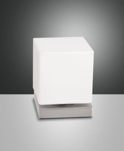 Immagine di Lampada da Tavolo Cubo Nichel e Paralume Vetro Soffiato Led Touch Dimmer Brenta Fabas