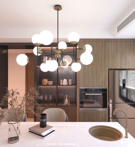 Immagine di Lampadario Per Soggiorno Regolabile Nero Ottone 12 Luci E27 Sfere Vetro Clear Top Light 1198