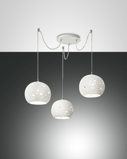 Immagine di Lampadario Corvara 3 Paralumi Sfera Ceramica Bianca con Decentramento Fabas