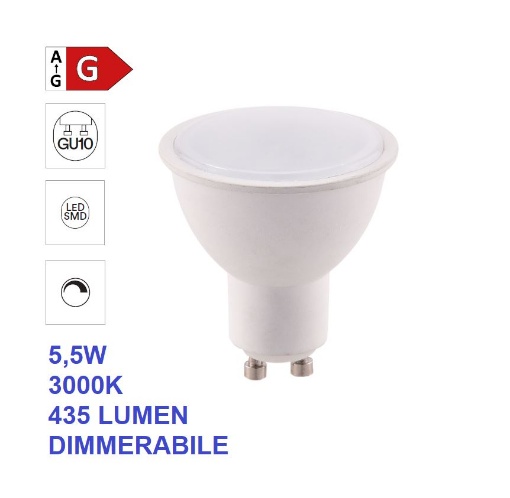 Immagine di Lampadina GU10 LED Dimmerabile 5,5w 3000k Luce Calda 435 Lumen Ottica 100°