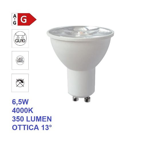 Immagine di Lampadina GU10 LED 6.5w 4000k Luce Naturale 350 Lm Ottica 13° Fascio Stretto