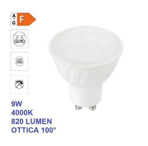 Picture of Lampadina GU10 LED 9w 4000k 820 Lumen Luce Naturale Ottica 100°