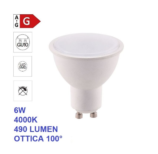 Immagine di Lampadina GU10 LED 6w 4000k 490 Lumen Luce Naturale Ottica 100°