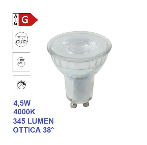 Picture of Lampadina GU10 In Vetro LED 4,5w 4000k 345 Lumen Ottica 38° Luce Naturale