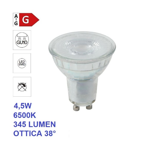 Immagine di Lampadina LED GU10 Vetro 4,5w 6500k Luce Fredda Ottica 38° 345 Lumen