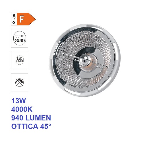 Immagine di Lampadina AR111 GU10 LED 13w 4000k 940Lm Luce Naturale Ottica 45 Gradi