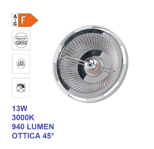 Immagine di Lampadina LED AR111 Attacco Gx53 13w 3000k 940Lm Luce Calda Ottica 45 Gradi