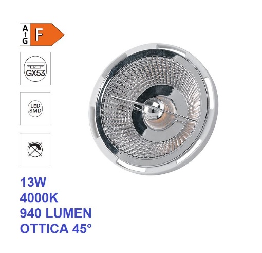 Picture of Lampadina LED AR111 Attacco Gx53 13w 4000k 940Lm Luce Naturale Ottica 45gradi