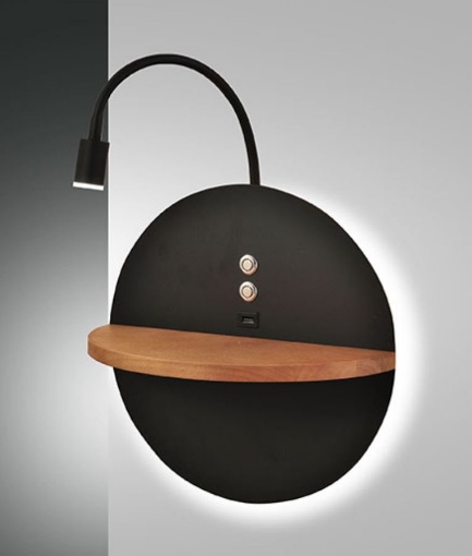 Immagine di Lampada Mensola Legno e Spot Led con Usb Dual Nero Fabas