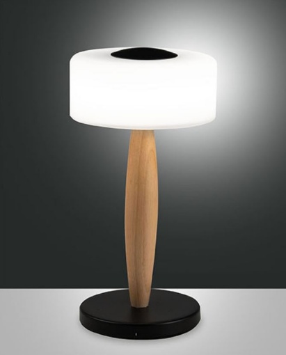 Immagine di Lumetto Led Touch Nero con Fusto in Legno e Paralume Vetro Elea Fabas