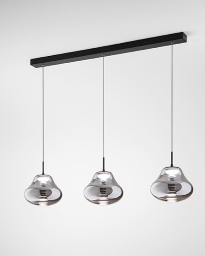 Immagine di Lampadario Isola Cucina 3 Paralumi Vetro Fumé in Linea Led CCT Step Dimmer Deva Fabas