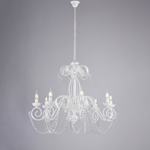 Immagine di Lampadario Bianco Shabby 8 Luci Ferro Battuto e Catene Decorative Strass Damasco Be Light