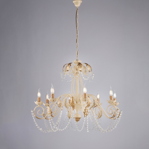 Immagine di Lampadario 8 Bracci Ferro Battuto con Catene Strass Damasco Avorio Oro Be Light