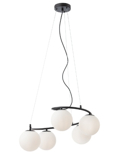 Immagine di Lampadario Design Curvo Nero Spirale Sfere Vetro Bianco 5 Luci Volley Smarter