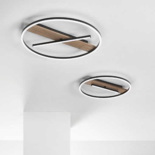 Immagine di Plafoniera Design Cerchio Nero Con Base Effetto Legno Led CCT 36w Azimuth Fan Europe