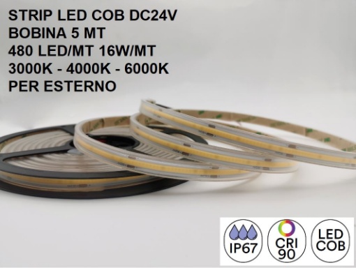 Immagine di Bobina 5m Strip Led COB Per Esterno 16w/mt 24V IP67 Intec Light