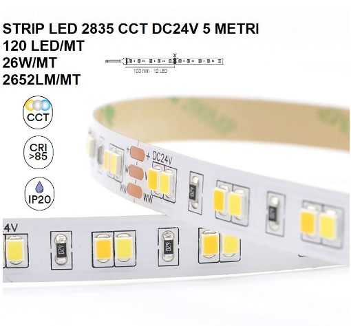 Immagine di Strip Led 5mt 26w/mt 120Led/mt CCT DC24V CRI90 IP20 Intec Light