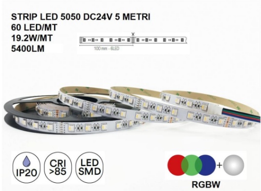 Immagine di Strip Led RGB+4000K 19,2w mt 60 Led/mt 24V Bobina 5 mt IP20 Intec Light