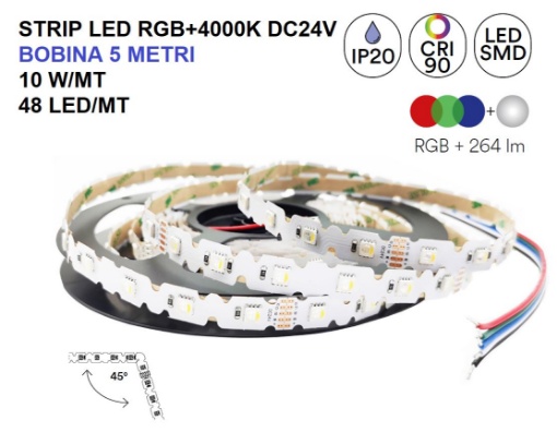 Immagine di Bobina Strip Led RGBW 5 mt Pieghevole 10w/m 48Led/m DC24V IP20 Intec Light