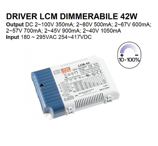 Immagine di Driver MW LCM Dimmerabile 42w Output DC2-100V 350mA Input AC180-295V DC254-417V