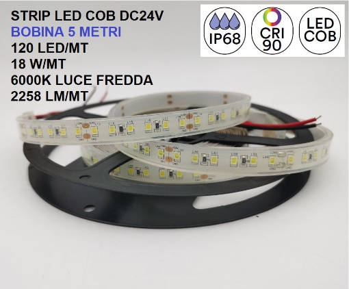 Immagine di Strip Led COB 5 Metri Da Esterno 18w/mt 120 Led/mt 6000k 24V IP68 Intec Light