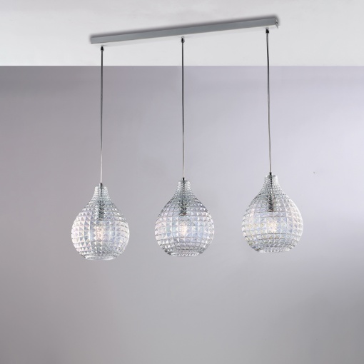 Immagine di Sospensione Moderna 3 Luci in Linea Sfere Vetro Trasparente Diamante Be Light