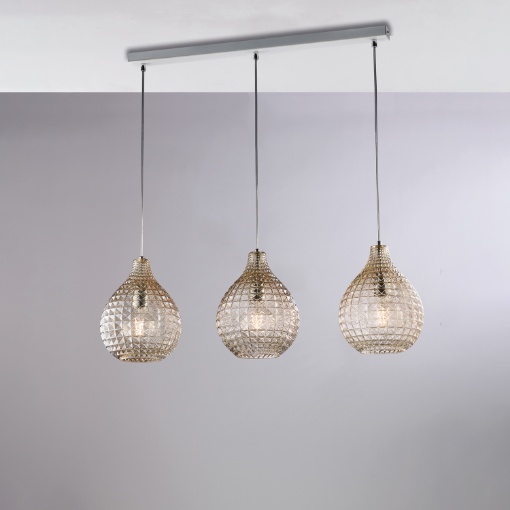 Immagine di Lampadario Illuminazione Penisola Cucina 3xE27 Paralumi Sfere Vetro Ambra Diamante Be Light 