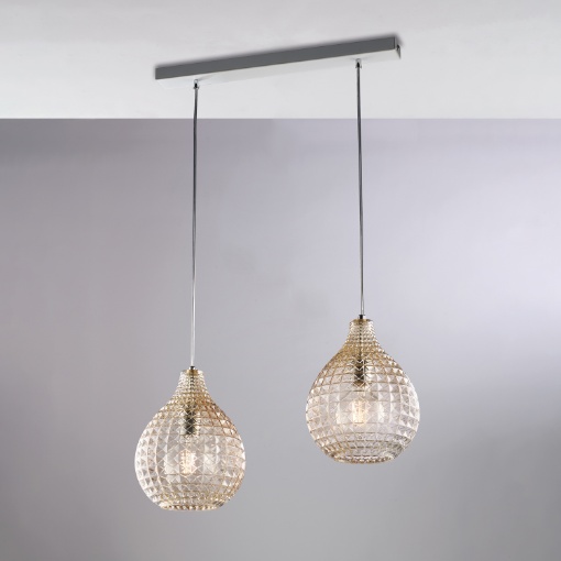 Immagine di Sospensione 2 Luci in Linea per Isola Cucina Sfere Vetro Ambra Diamante Be Light