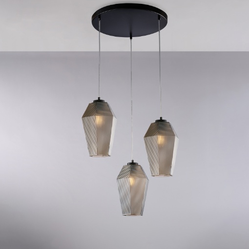 Immagine di Lampadario Moderno 3 Vetri Grigio Specchiato Prisma Ø47 cm Be Light 