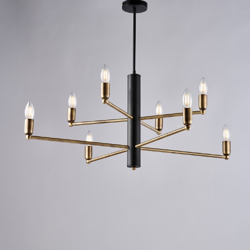 Immagine di Lampadario con Bracci Nero e Ottone Brunito Isak 8 Luci Be Light