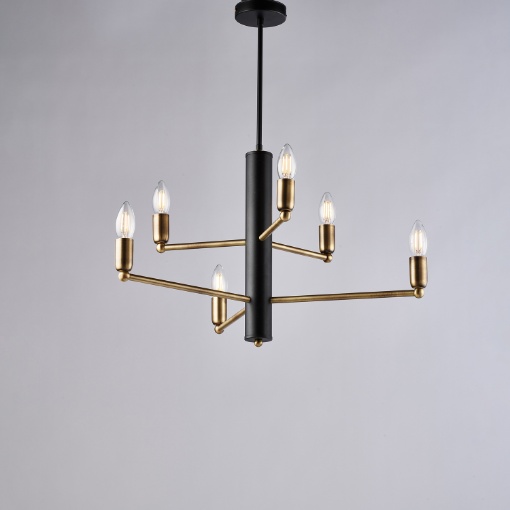 Immagine di Lampadario 6 Bracci Nero e Ottone Brunito Isak Design Contemporaneo Be Light 