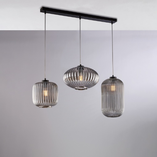 Immagine di Lampadario Da Tavolo Tre Bocce Vetro Rigato Grigio Glamour Be Light