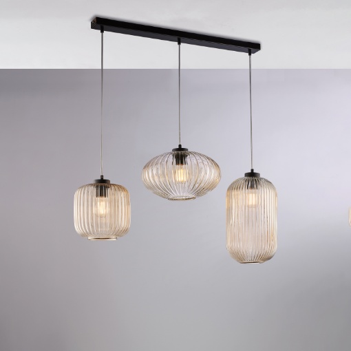 Immagine di Lampadario Binario 3 Sospensione Paralumi Vetro Ambra Effetto Plissé Glamour Be Light