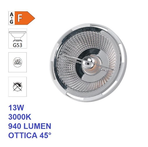 Immagine di Lampadina LED AR111 Attacco G53 13w 3000k 940Lm Luce Calda Ottica 45 Gradi