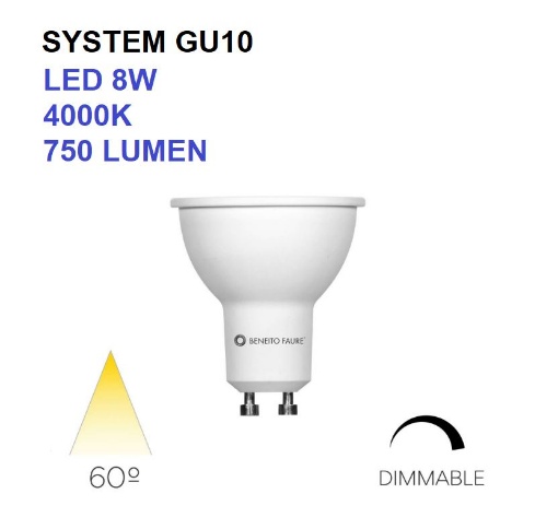 Immagine di Lampadina System Dimmerabile GU10 Led 8W 4000K 750Lm Ottica 60 Beneito Faure