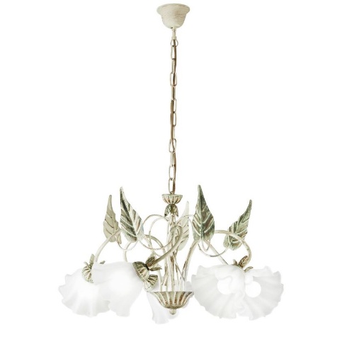 Immagine di Lampadario Foglie Metallo Avorio Classico 5 Paralumi Fiore Vetro Bianco Isotta Fan Europe