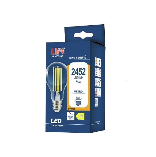 Immagine di Lampadina LED E27 Vetro Trasparente Goccia 18W 2700K Luce Calda 2452Lm 320° Life