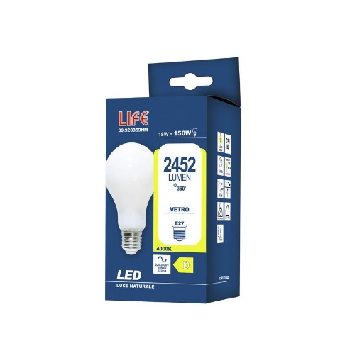 Immagine di Lampadina LED Vetro Bianco Milky E27 18W 4000K Luce Naturale Life Electronics