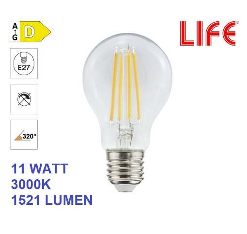 Immagine di Lampadina E27 Vetro Goccia Filamento Led 11W 3000K Luce Calda 320° Life Electronics